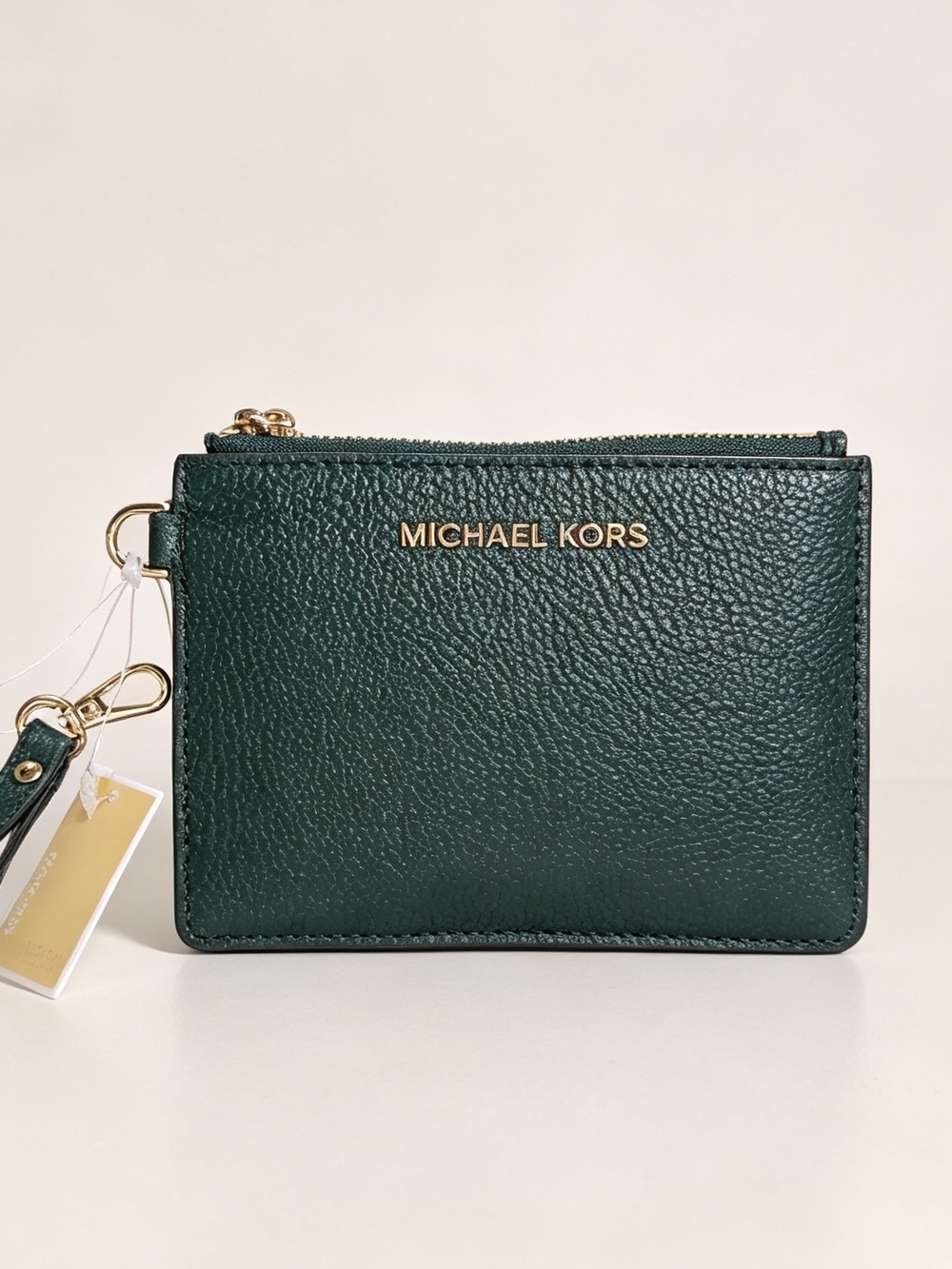 MICHAEL KORS Dark Green Leather Zip Wristlet Card Case with Gold Hardware